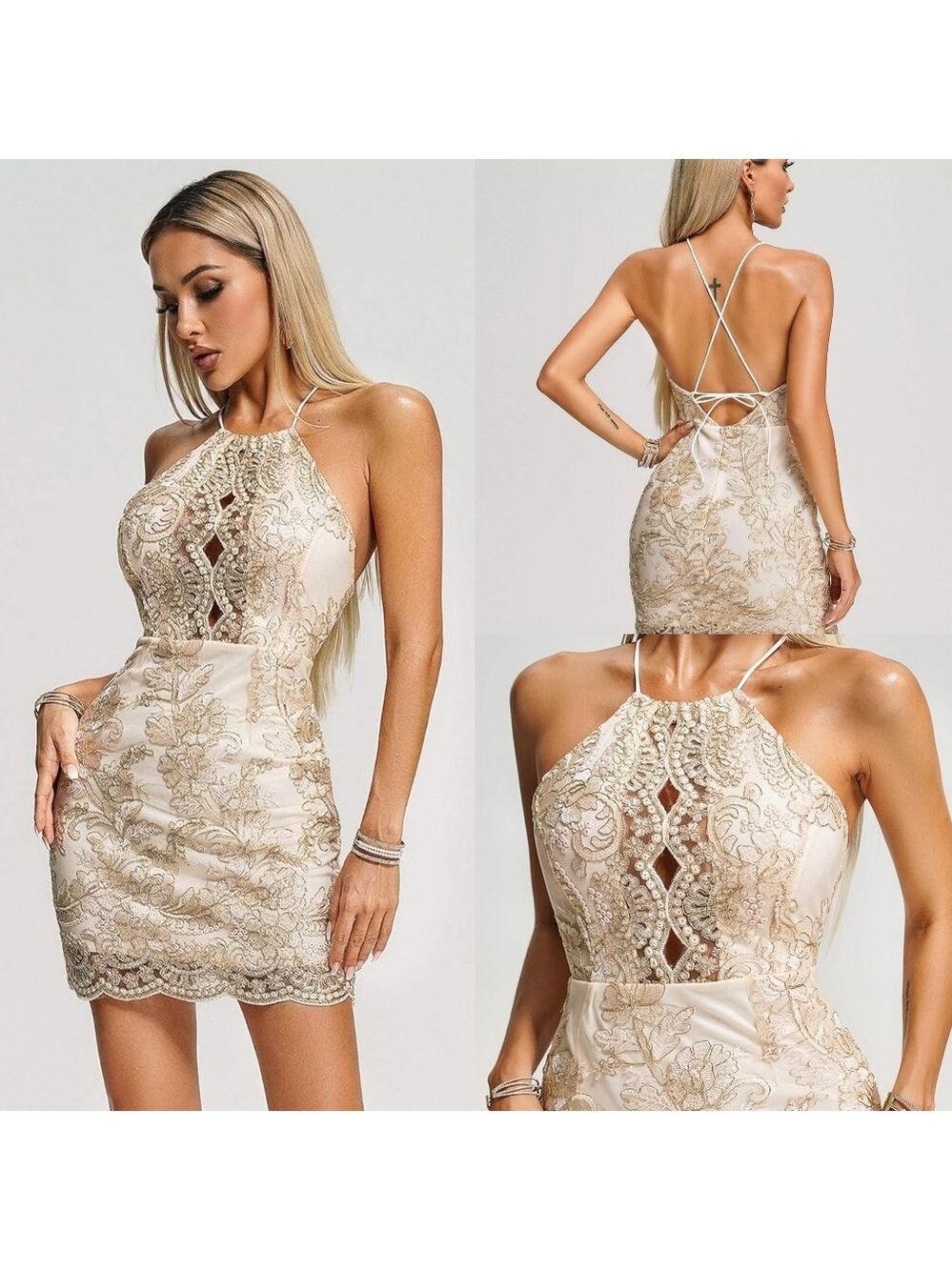 Gold Mesh Scalloped Floral Lace Applique Cut-Out Backless Lace-Up Mini Dress S